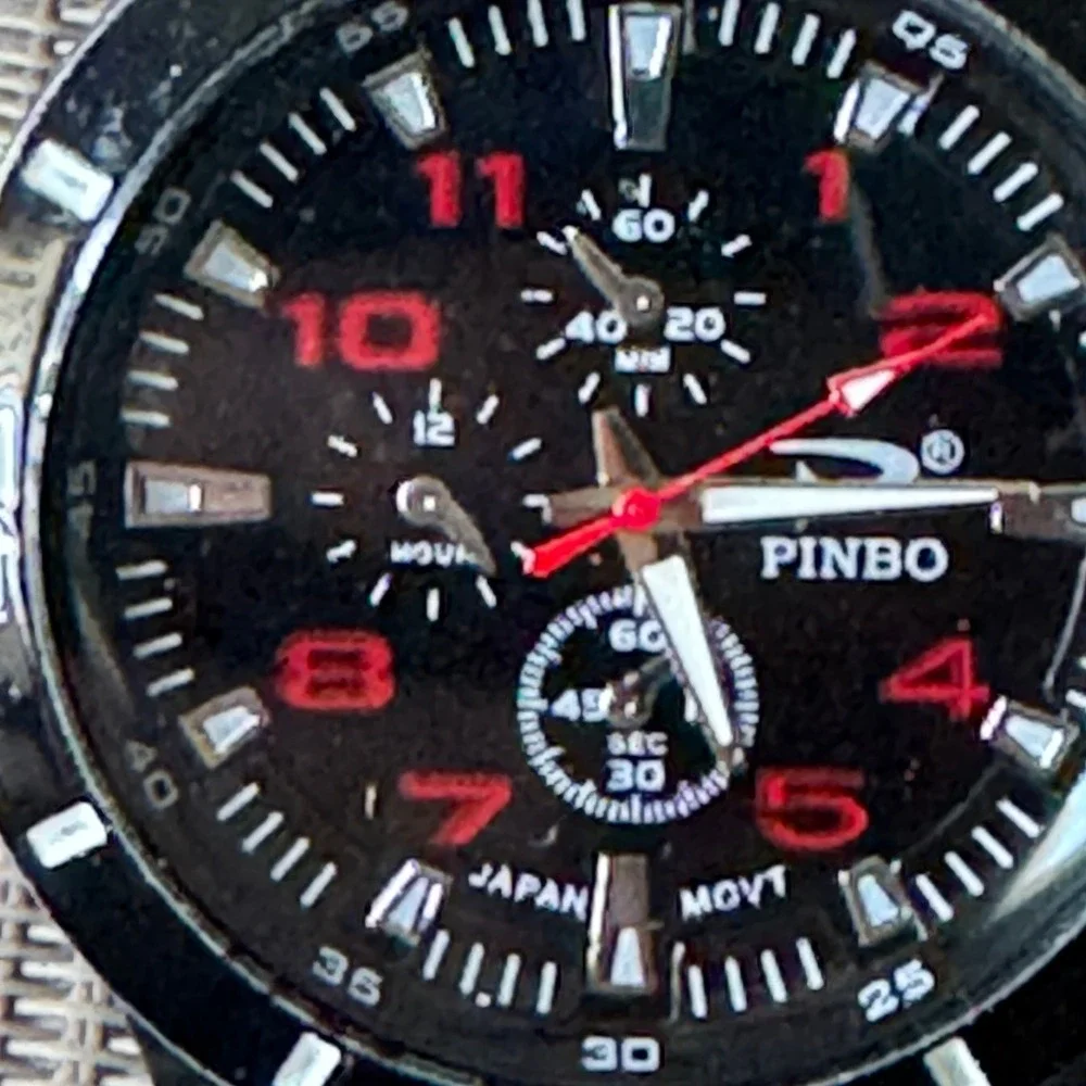 Pinbo Mens Sport Watch Black Red Japan Movt‎ Silicone Band Racing Style Analog